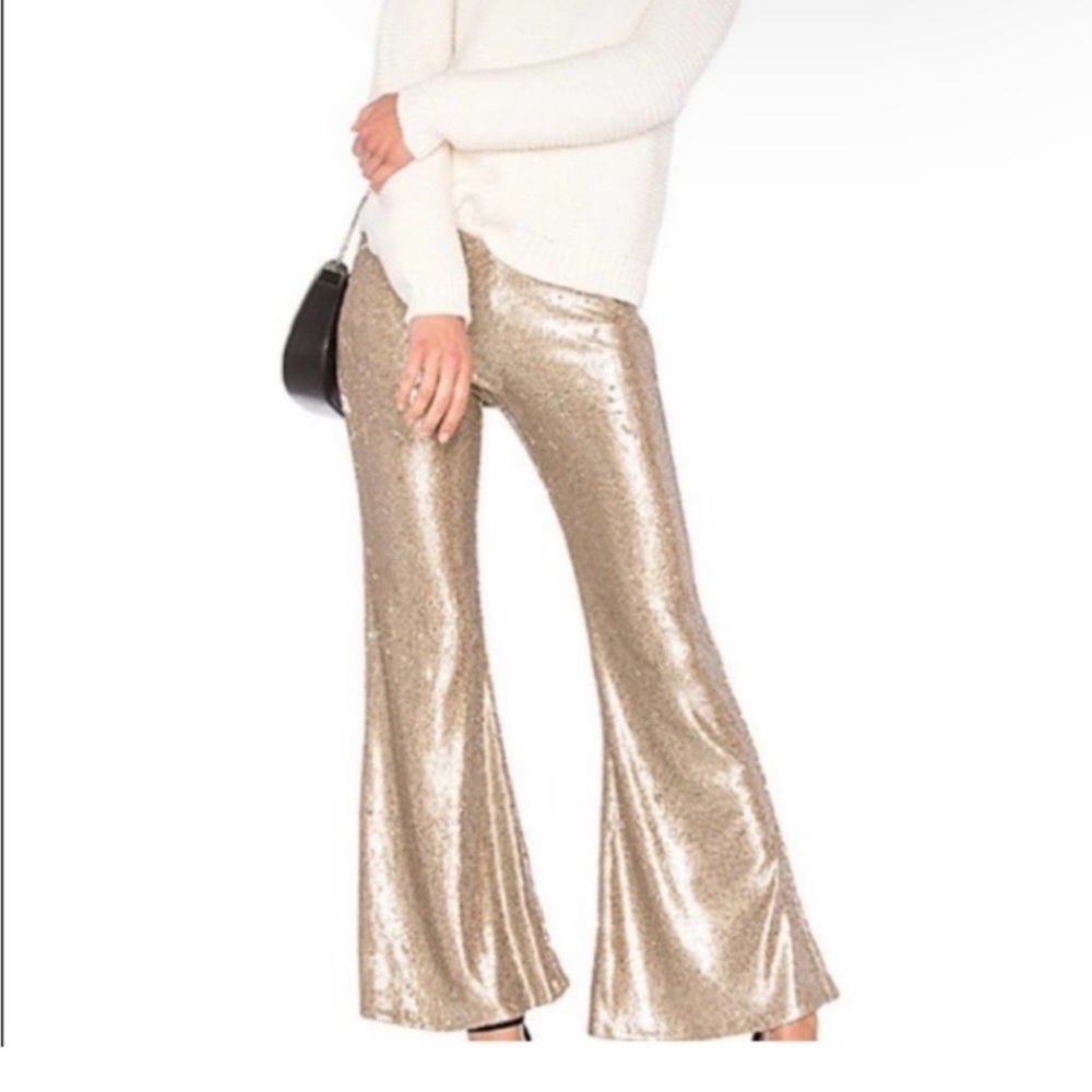 Free People Champagne  Sequin Mid Rise Flare Pants Sz 6
